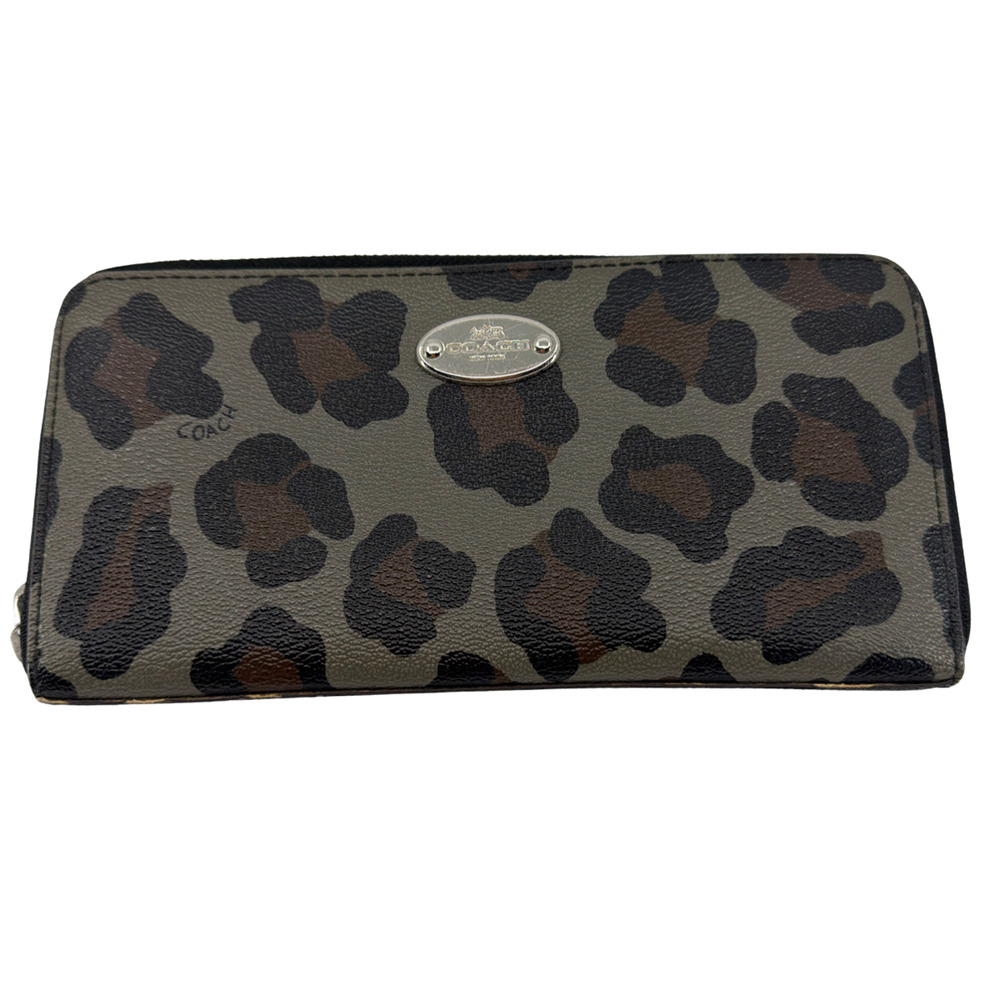Coach Zip Around Grey Leopard Print Coated Canvas Wallet - Picture 1 of 8